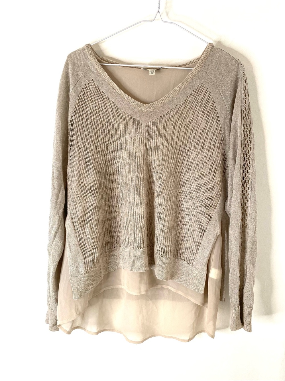 Lucky Brand Metallic Linen Blend Layered Open Knit Sweater Top